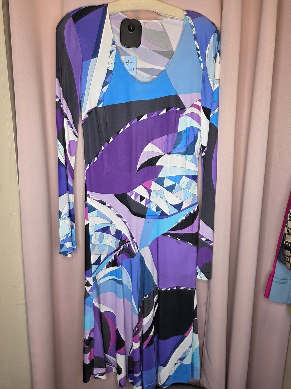 Emilio Pucci Geometric Abstract Print Long Sleeve Jersey Midi Dress-Blue/Purple